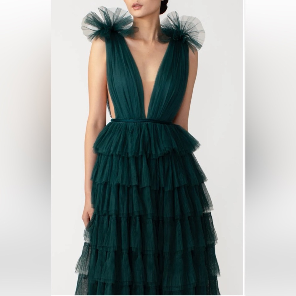 NWT SAU LEE Sabrina Tulle Ruffle Gown in Emerald Green Size 10 - Picture 5 of 16